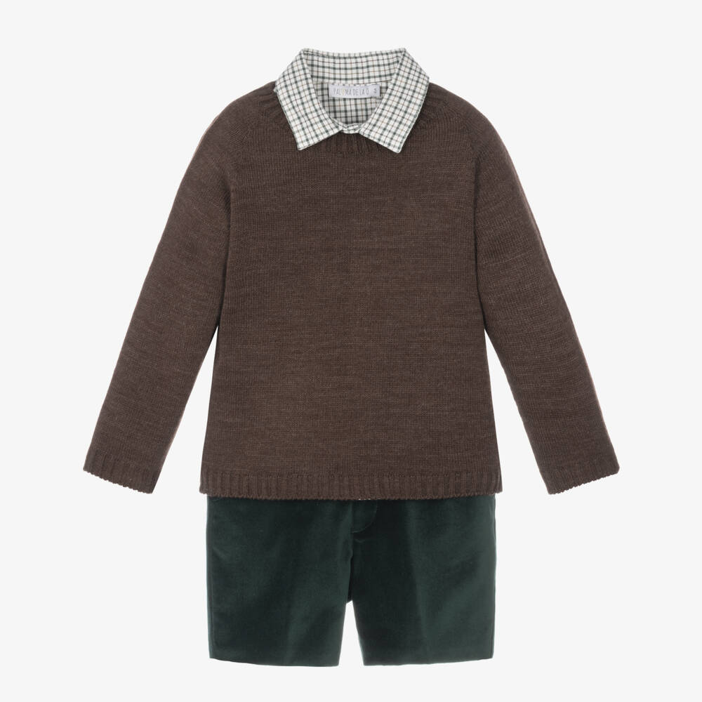 Paloma de la O-Boys Brown & Green Velvet Shorts Set | Childrensalon