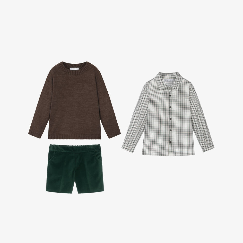 Paloma de la O-Boys Brown & Green Velvet Shorts Set | Childrensalon