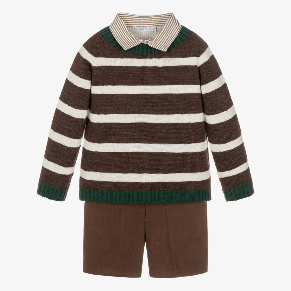Paloma de la O-Boys Brown Striped Sweater & Shorts Set | Childrensalon