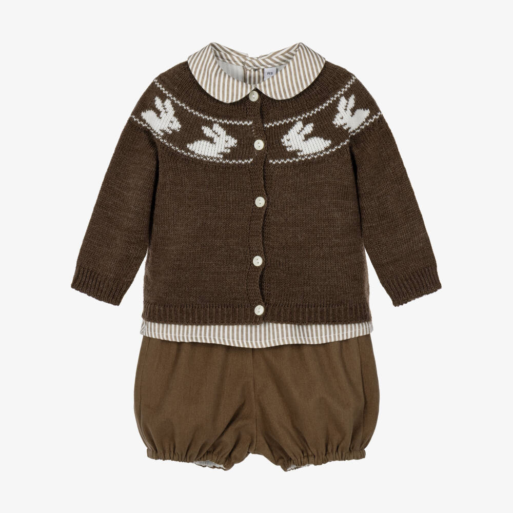 Paloma de la O-Boys Chocolate Brown Shorts Set with Bunny Motifs | Childrensalon