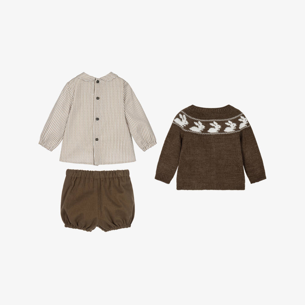 Paloma de la O-Boys Chocolate Brown Shorts Set with Bunny Motifs | Childrensalon