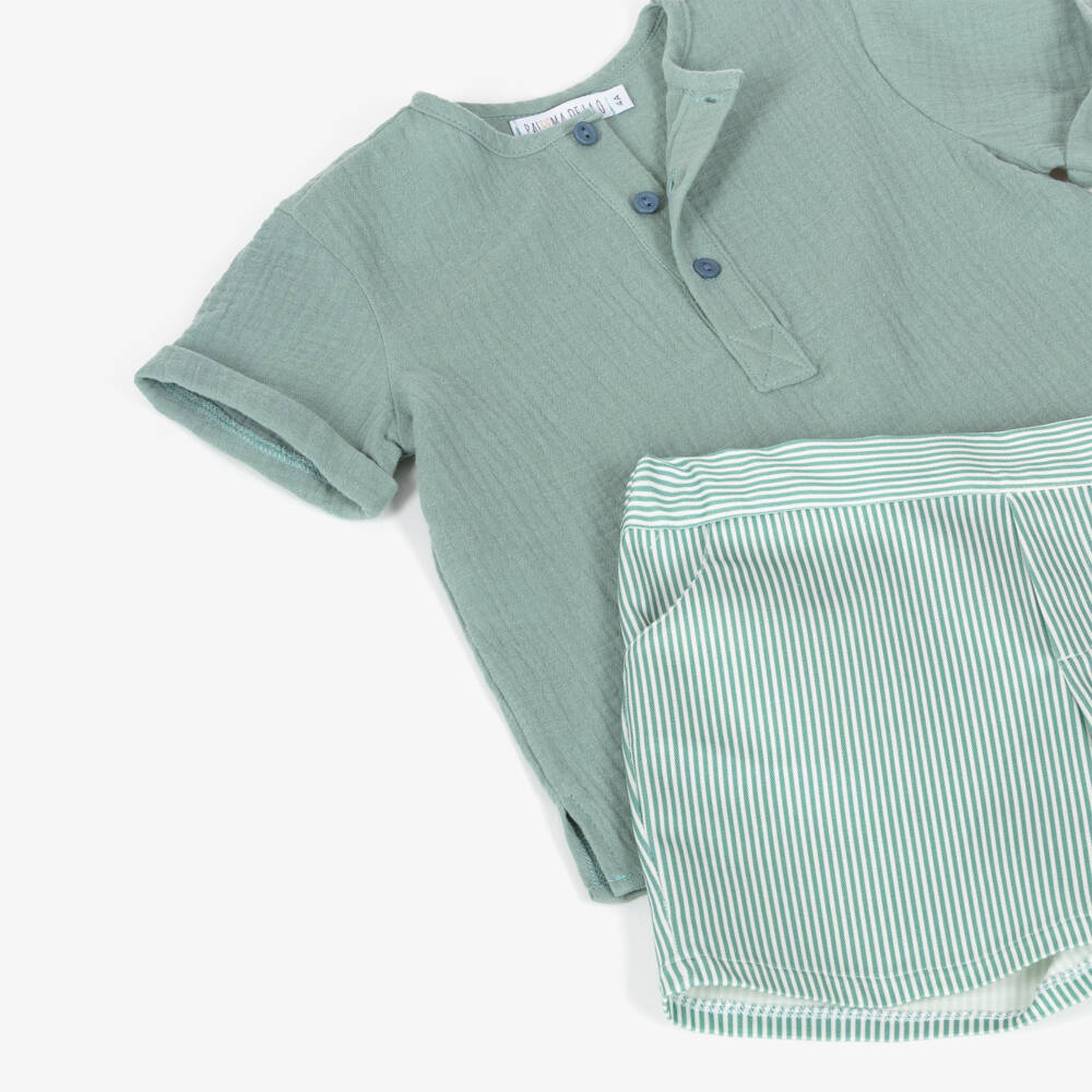 Paloma de la O-Boys Green Muslin Shirt & Striped Short Set | Childrensalon