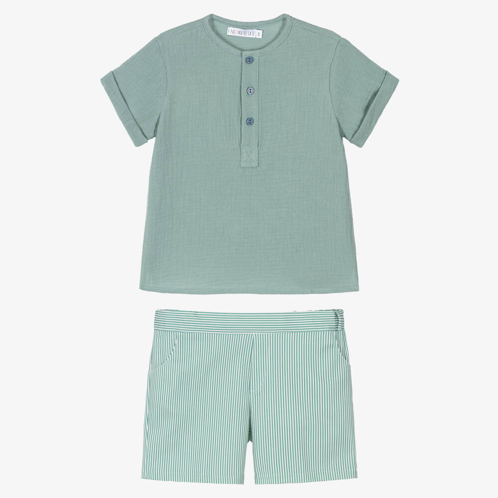 Paloma de la O-Boys Green Muslin Shirt & Striped Short Set | Childrensalon