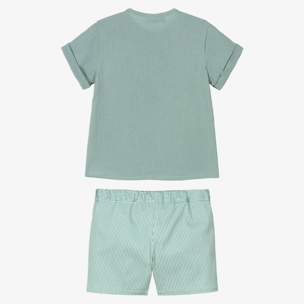 Paloma de la O-Boys Green Muslin Shirt & Striped Short Set | Childrensalon