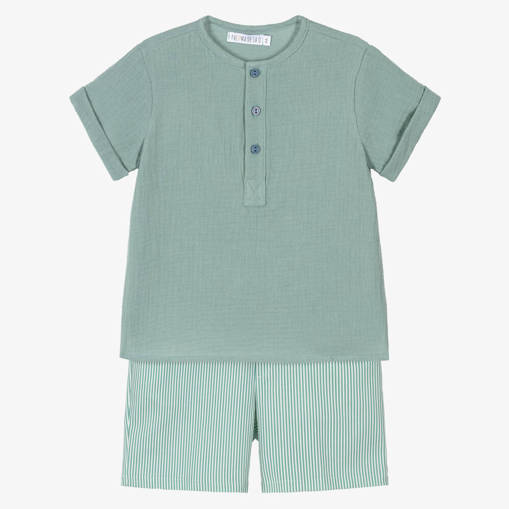 Paloma de la O-Boys Green Muslin Shirt & Striped Short Set | Childrensalon