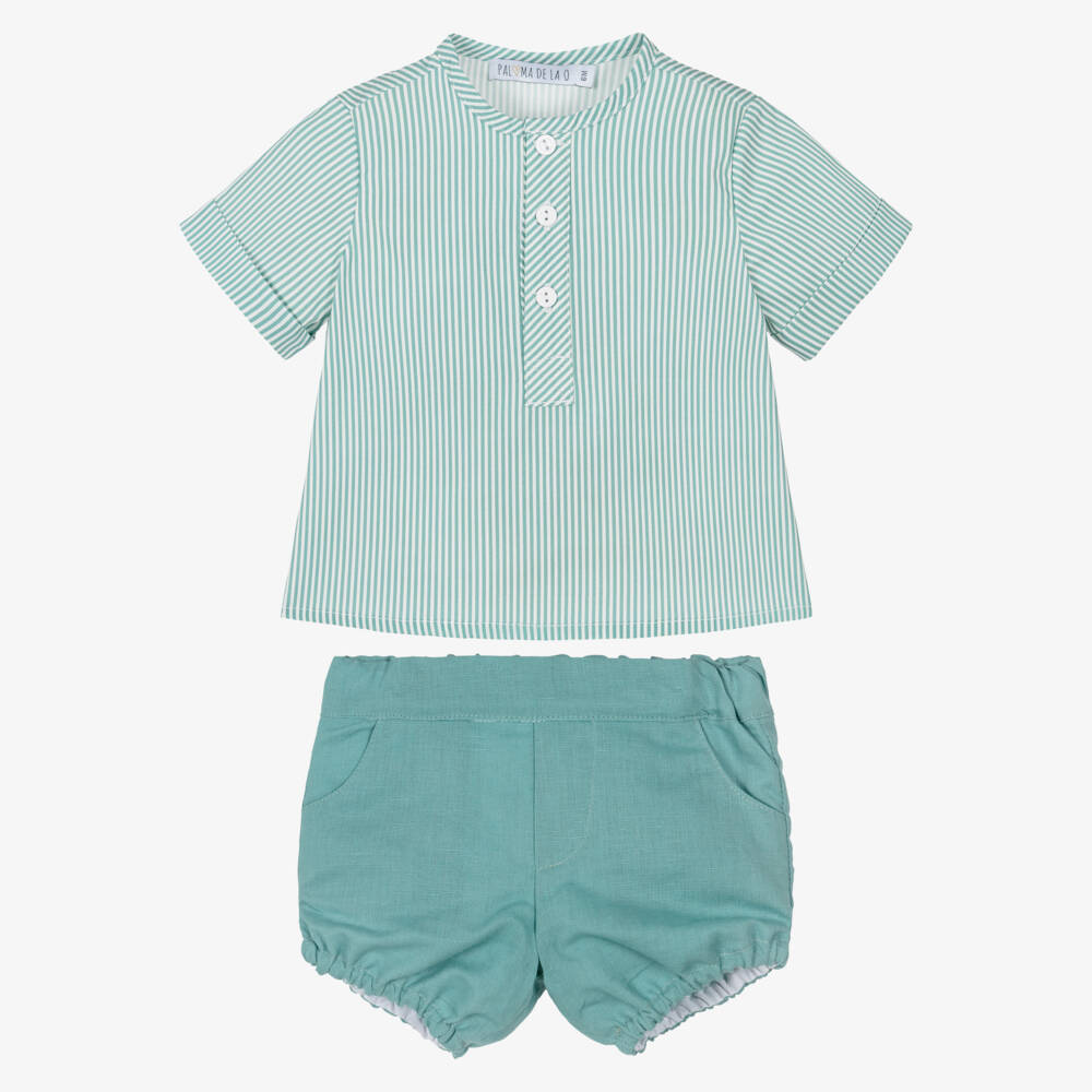 Paloma de la O-Boys Green Striped Cotton & Linen Shorts Set | Childrensalon