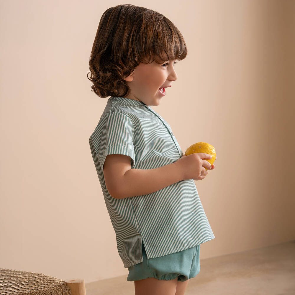 Paloma de la O-Boys Green Striped Cotton & Linen Shorts Set | Childrensalon