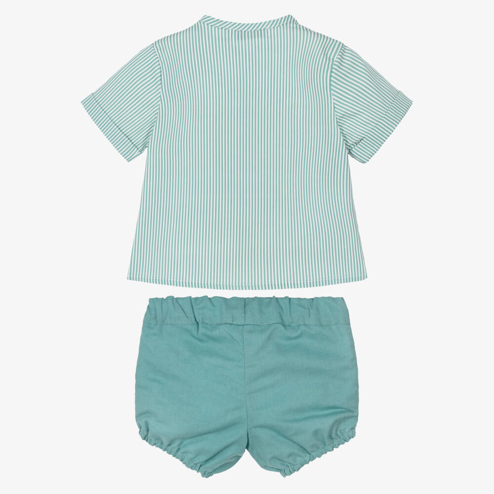 Paloma de la O-Boys Green Striped Cotton & Linen Shorts Set | Childrensalon