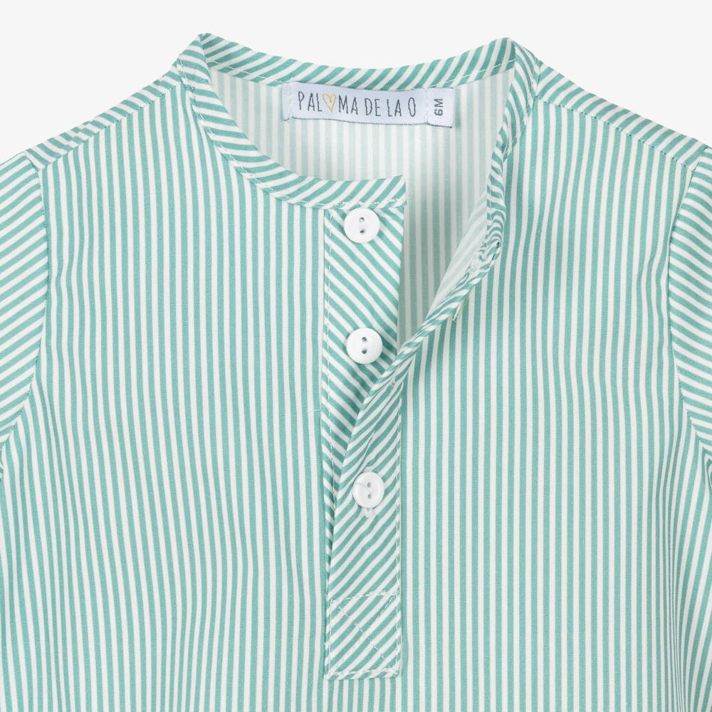 Paloma de la O-Boys Green Striped Cotton & Linen Shorts Set | Childrensalon