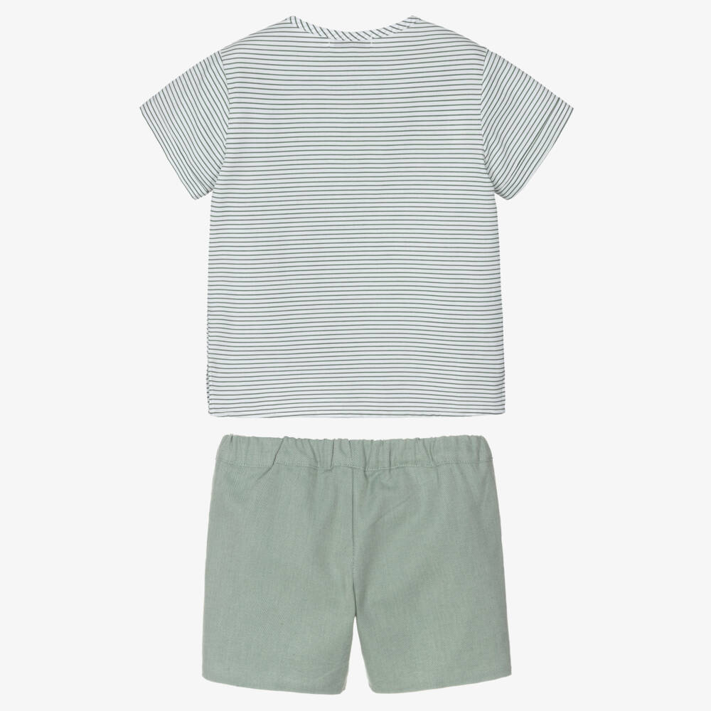 Paloma de la O-Boys Green Striped Cotton Shirt & Shorts Set | Childrensalon
