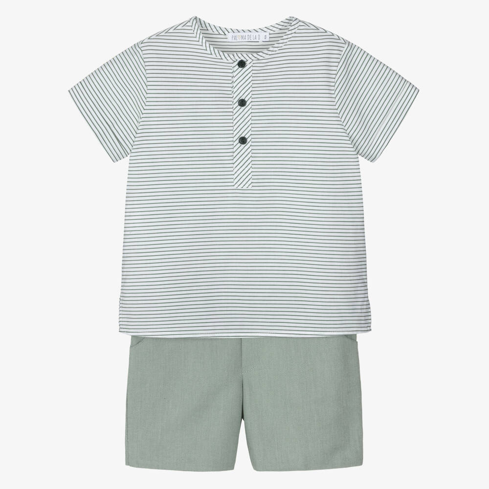 Paloma de la O-Boys Green Striped Cotton Shirt & Shorts Set | Childrensalon