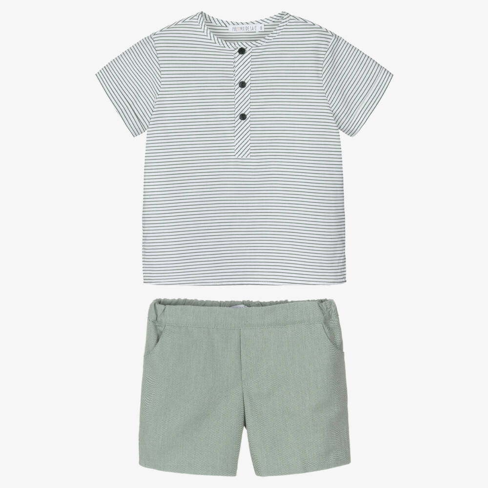 Paloma de la O-Boys Green Striped Cotton Shirt & Shorts Set | Childrensalon