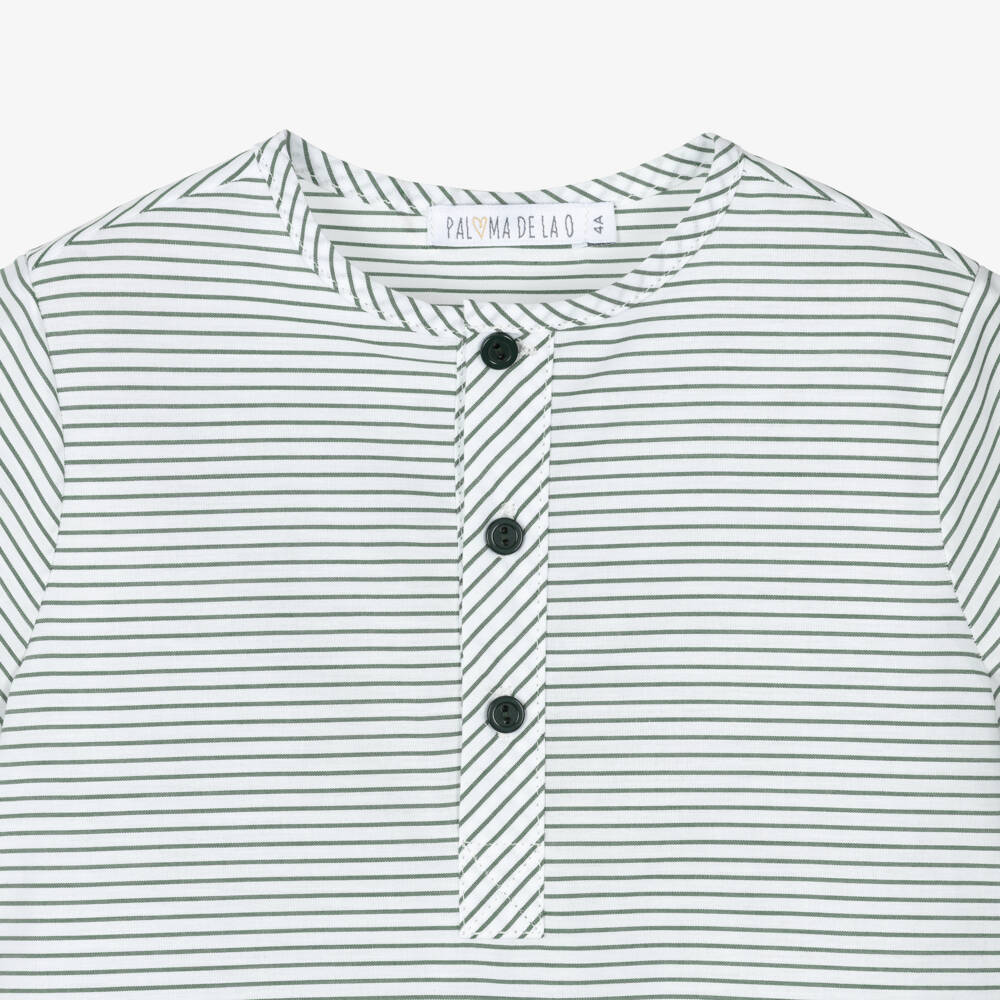 Paloma de la O-Boys Green Striped Cotton Shirt & Shorts Set | Childrensalon