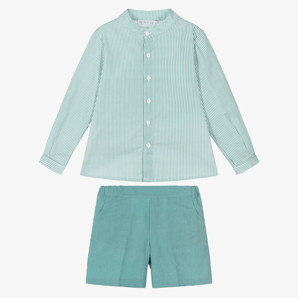 Paloma de la O-Boys Green Striped Long Sleeve Shirt & Shorts Set | Childrensalon