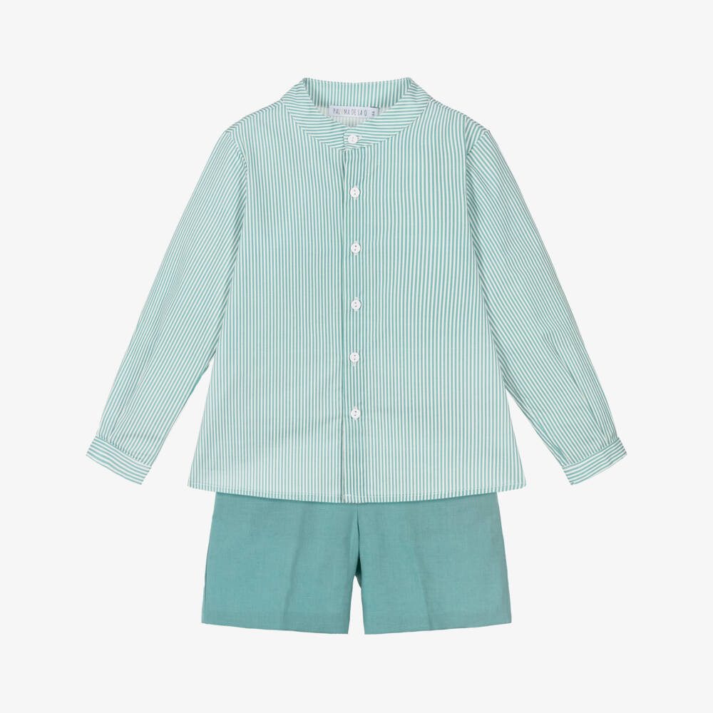 Paloma de la O-Boys Green Striped Long Sleeve Shirt & Shorts Set | Childrensalon
