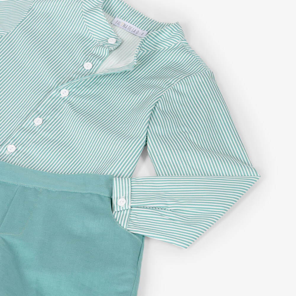 Paloma de la O-Boys Green Striped Long Sleeve Shirt & Shorts Set | Childrensalon