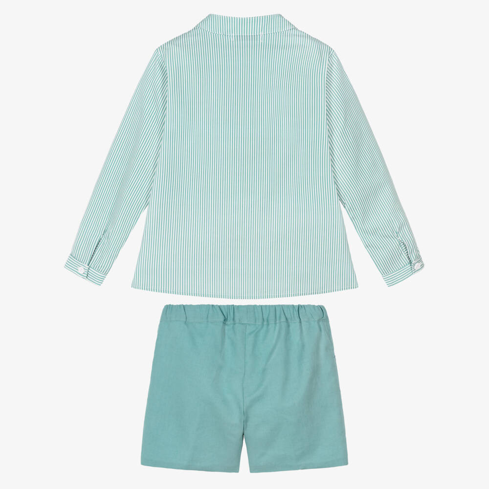 Paloma de la O-Boys Green Striped Long Sleeve Shirt & Shorts Set | Childrensalon