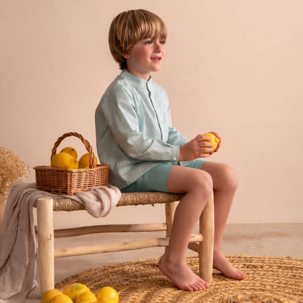 Paloma de la O-Boys Green Striped Long Sleeve Shirt & Shorts Set | Childrensalon