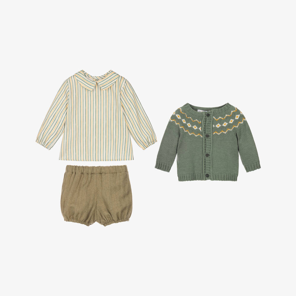 Paloma de la O-Boys Moss Green Shorts Set with Fair Isle Knit & Stripes | Childrensalon