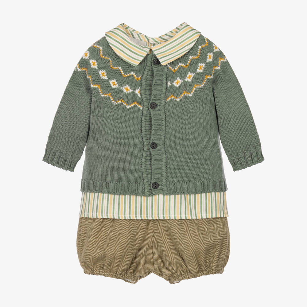 Paloma de la O-Boys Moss Green Shorts Set with Fair Isle Knit & Stripes | Childrensalon