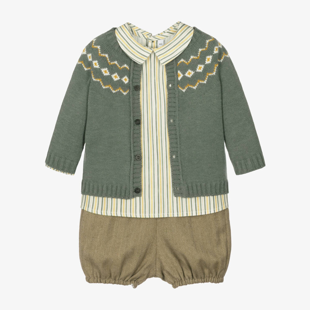 Paloma de la O-Boys Moss Green Shorts Set with Fair Isle Knit & Stripes | Childrensalon