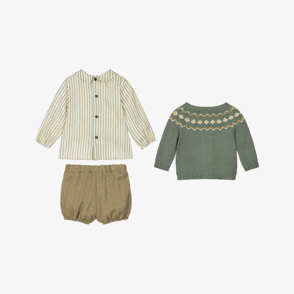 Paloma de la O-Boys Moss Green Shorts Set with Fair Isle Knit & Stripes | Childrensalon