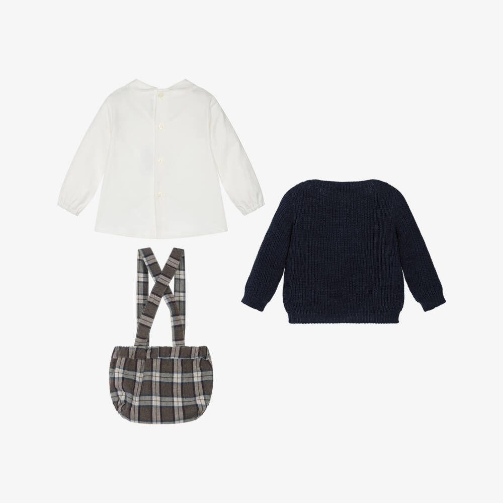 Paloma de la O-Boys Navy Blue Cardigan & Brown Check Shorts Set | Childrensalon