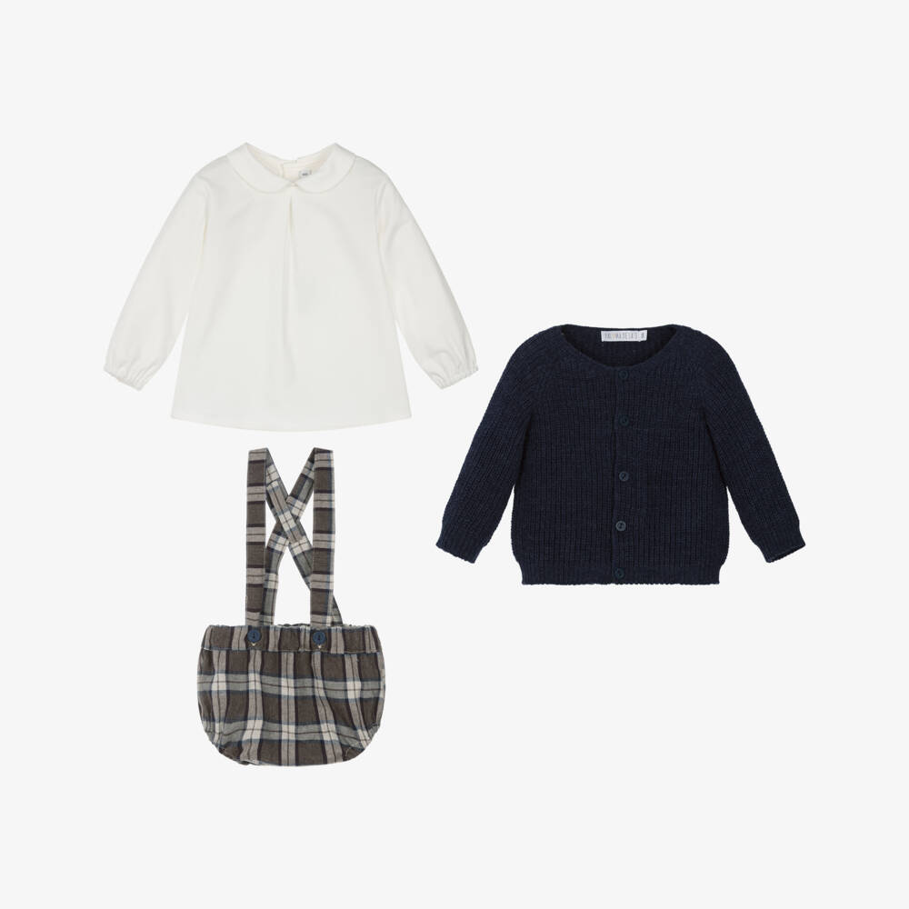 Paloma de la O-Boys Navy Blue Cardigan & Brown Check Shorts Set | Childrensalon