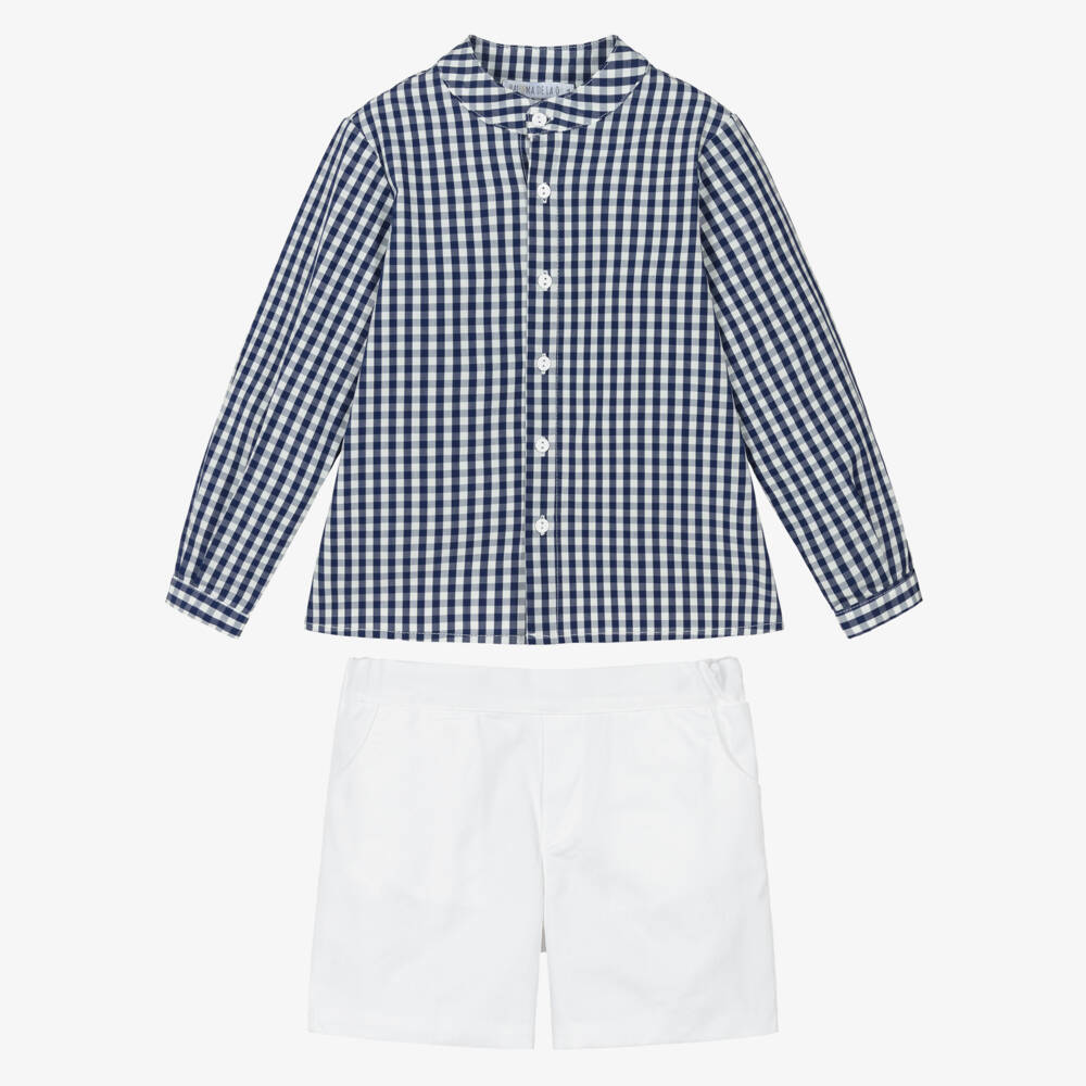 Paloma de la O-Boys Navy Blue & White Gingham Shorts Set | Childrensalon