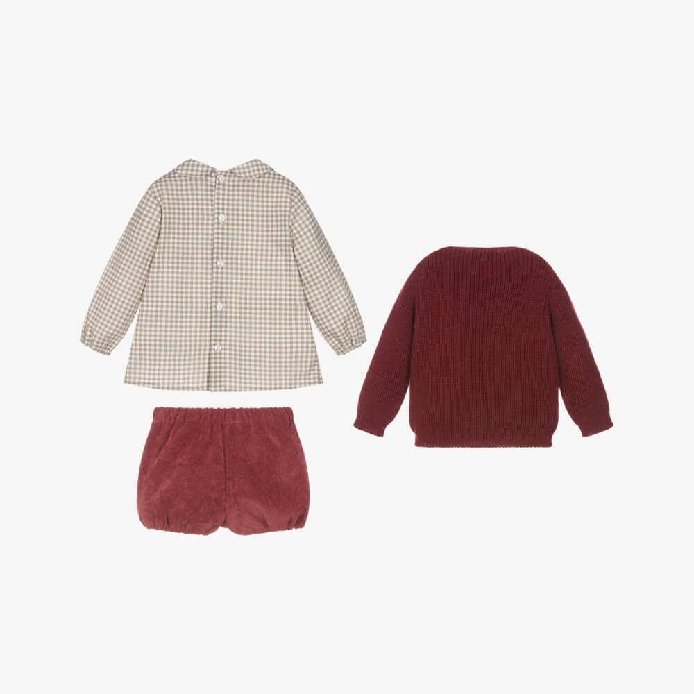 Paloma de la O-Boys Red & Beige Cotton Shorts Set with Knitted Cardigan | Childrensalon