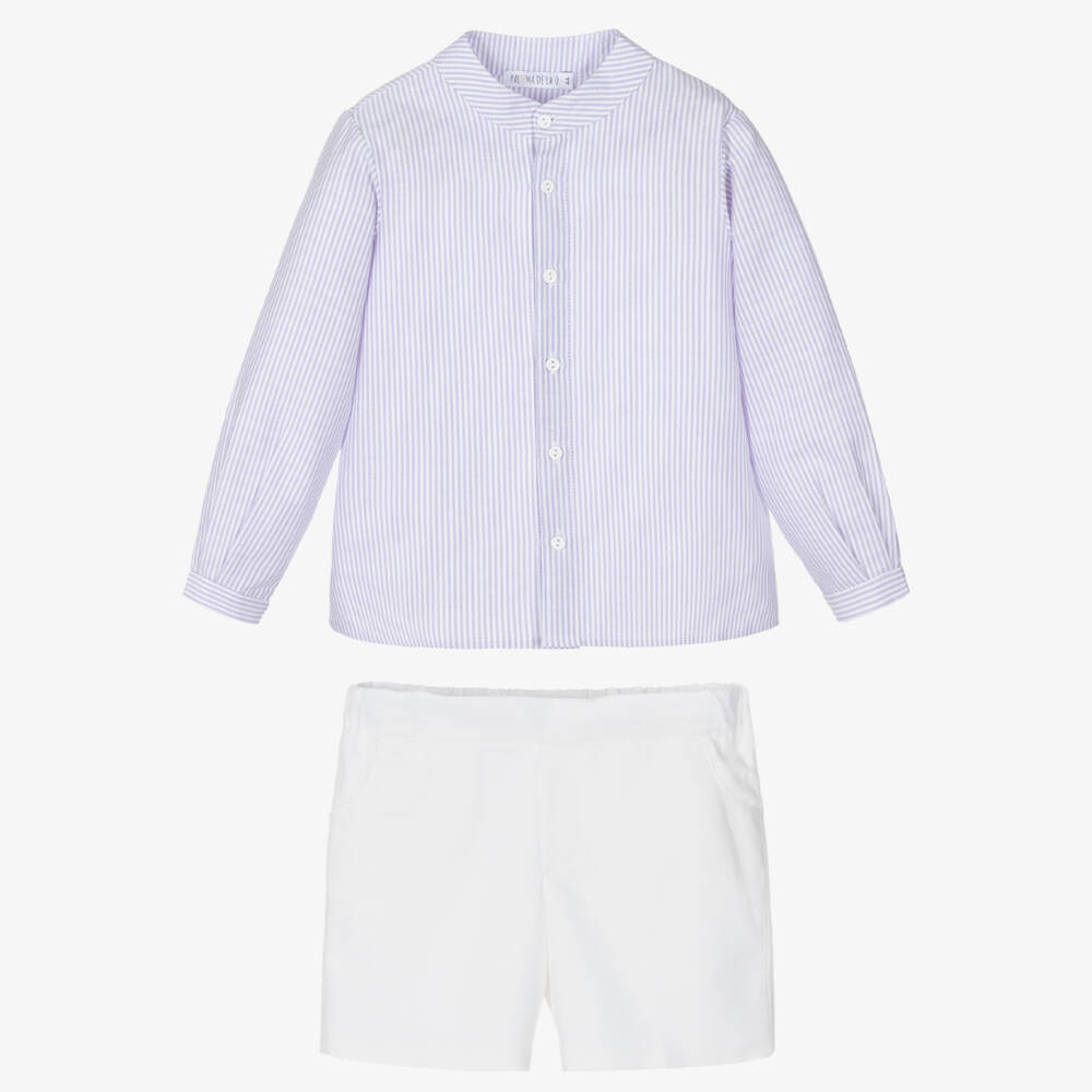 Paloma de la O-Boys White & Purple Striped Cotton Shorts Set | Childrensalon