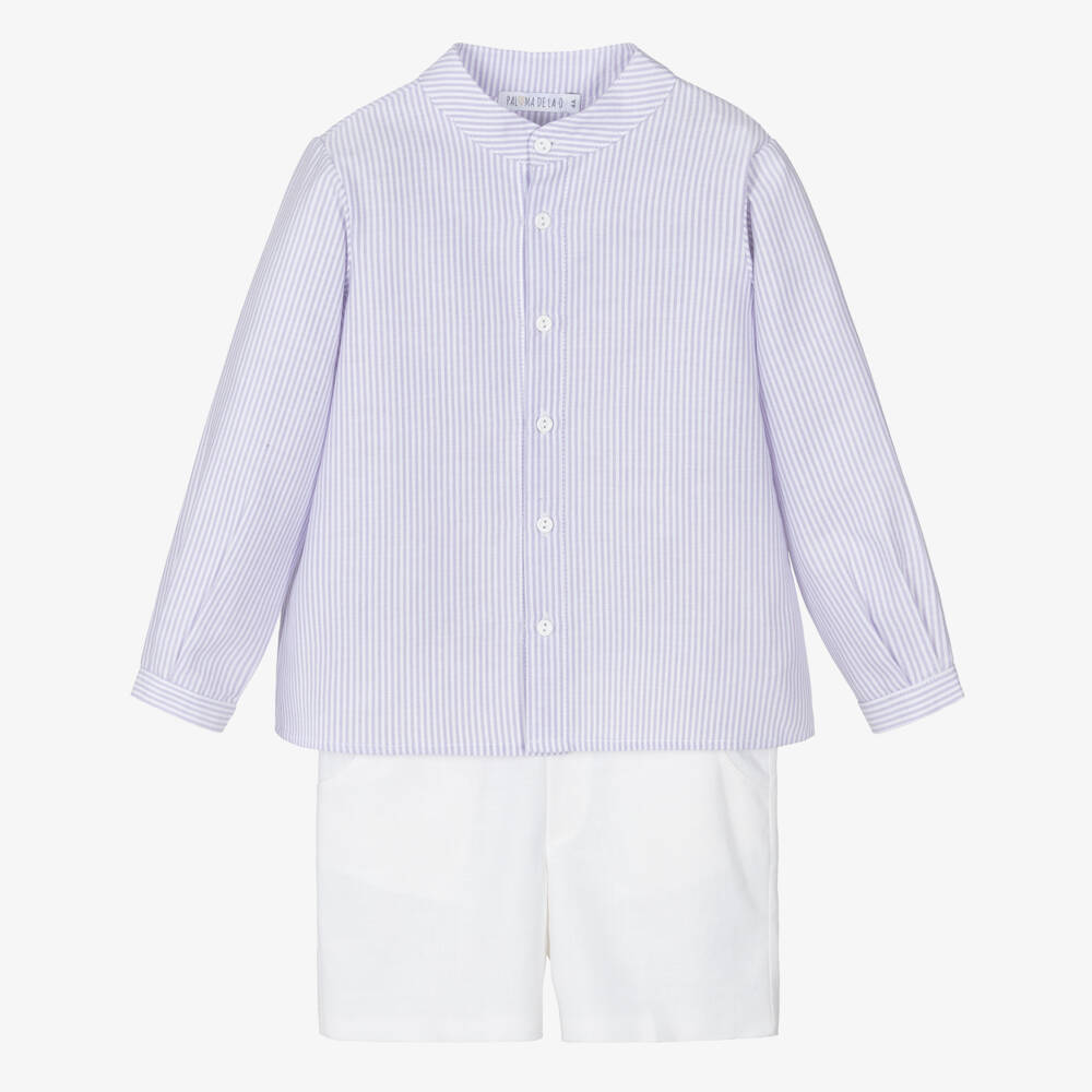 Paloma de la O-Boys White & Purple Striped Cotton Shorts Set | Childrensalon