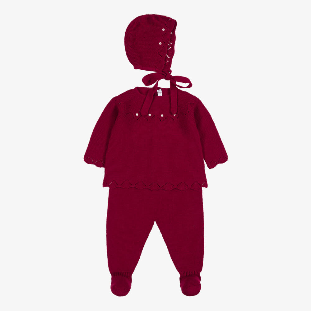 Paloma de la O-Burgundy Knitted Babysuit Set | Childrensalon