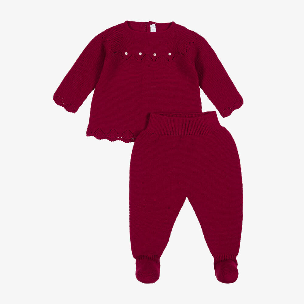 Paloma de la O-Burgundy Knitted Babysuit Set | Childrensalon