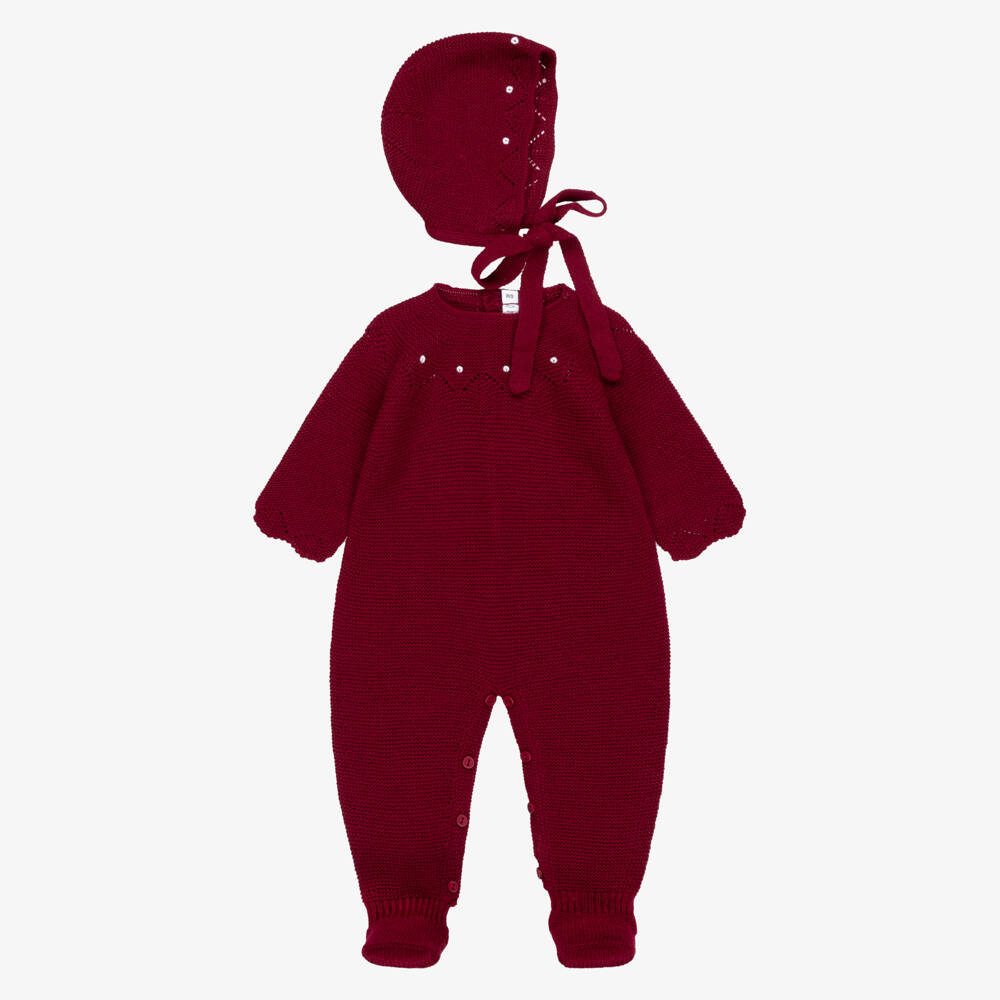 Paloma de la O-Burgundy Red Knitted Babygrow & Bonnet Set | Childrensalon