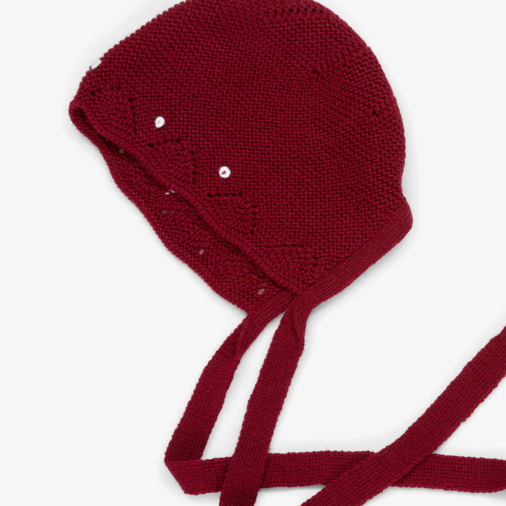Paloma de la O-Burgundy Red Knitted Babygrow & Bonnet Set | Childrensalon
