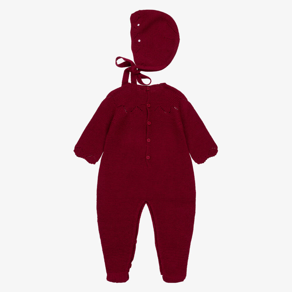 Paloma de la O-Burgundy Red Knitted Babygrow & Bonnet Set | Childrensalon