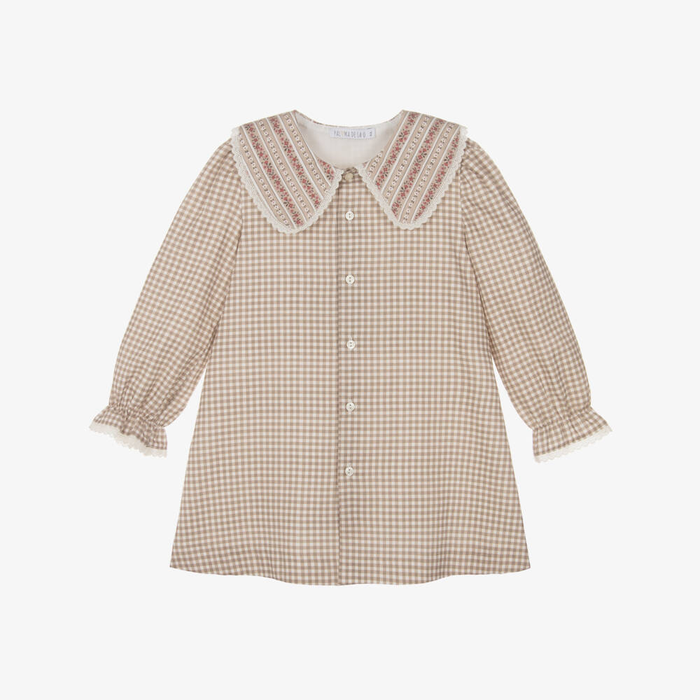 Paloma de la O-Girls Beige & Ivory Check Cotton Dress with Floral Collar | Childrensalon