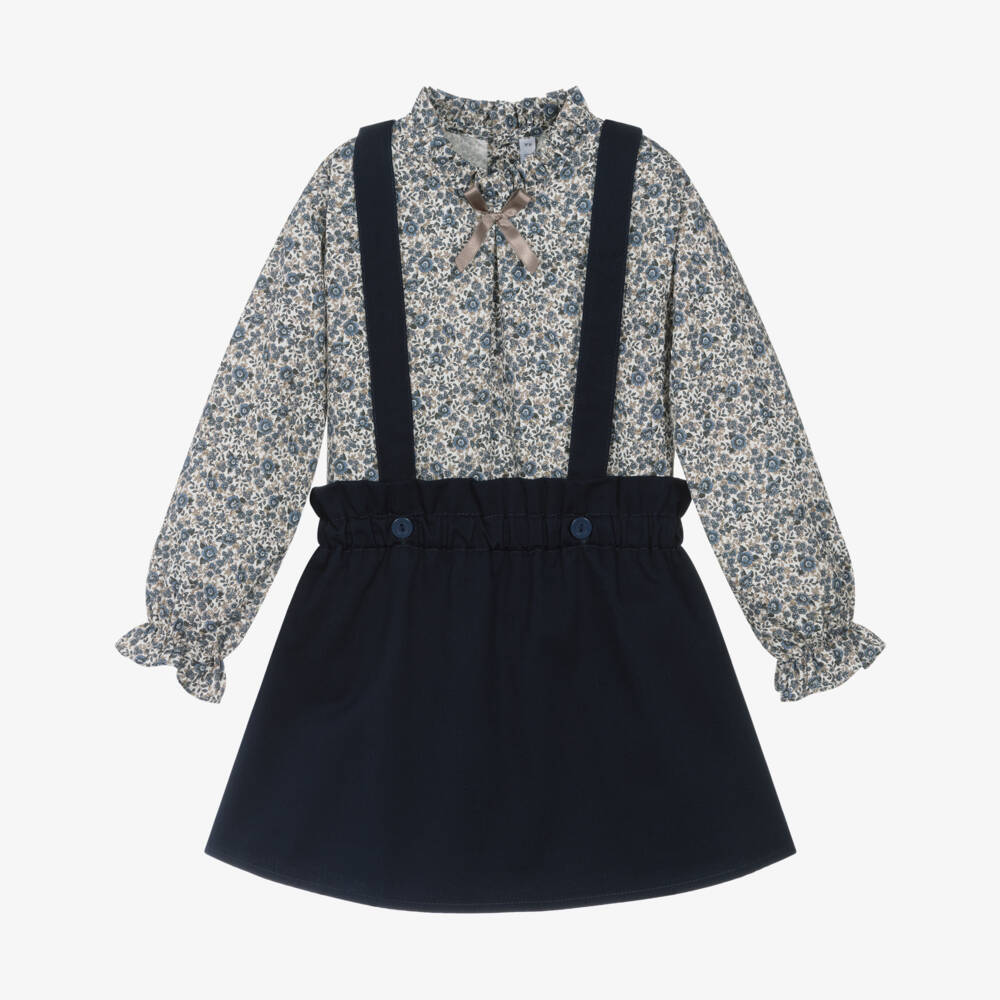Paloma de la O-Girls Blue Cotton Floral Blouse & Skirt Set | Childrensalon
