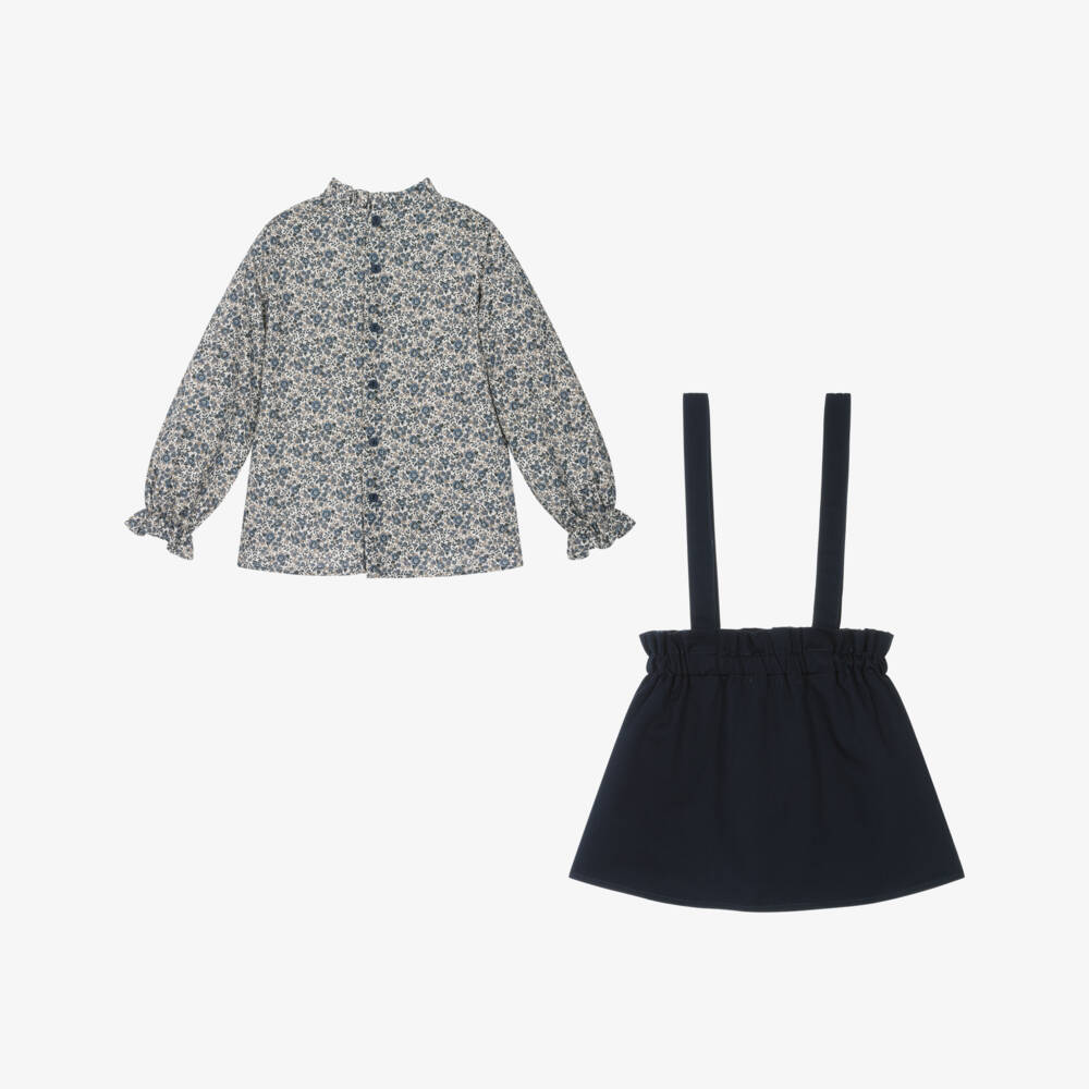 Paloma de la O-Girls Blue Cotton Floral Blouse & Skirt Set | Childrensalon