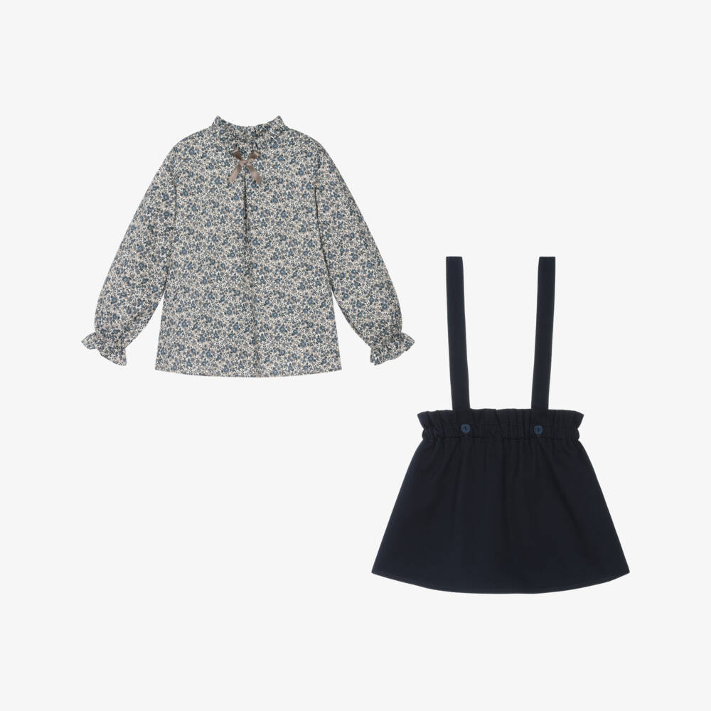 Paloma de la O-Girls Blue Cotton Floral Blouse & Skirt Set | Childrensalon