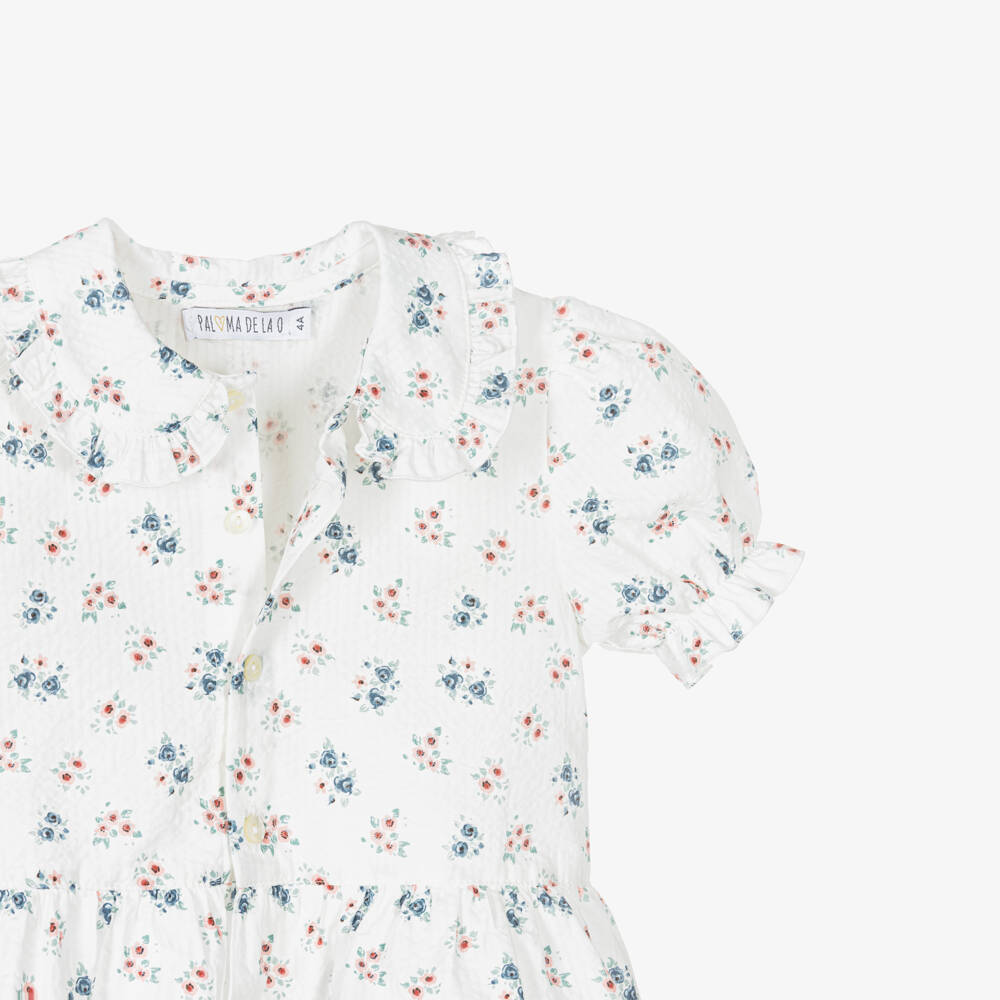 Paloma de la O-Girls Blue & White Cotton Trouser Set with Floral Blouse | Childrensalon