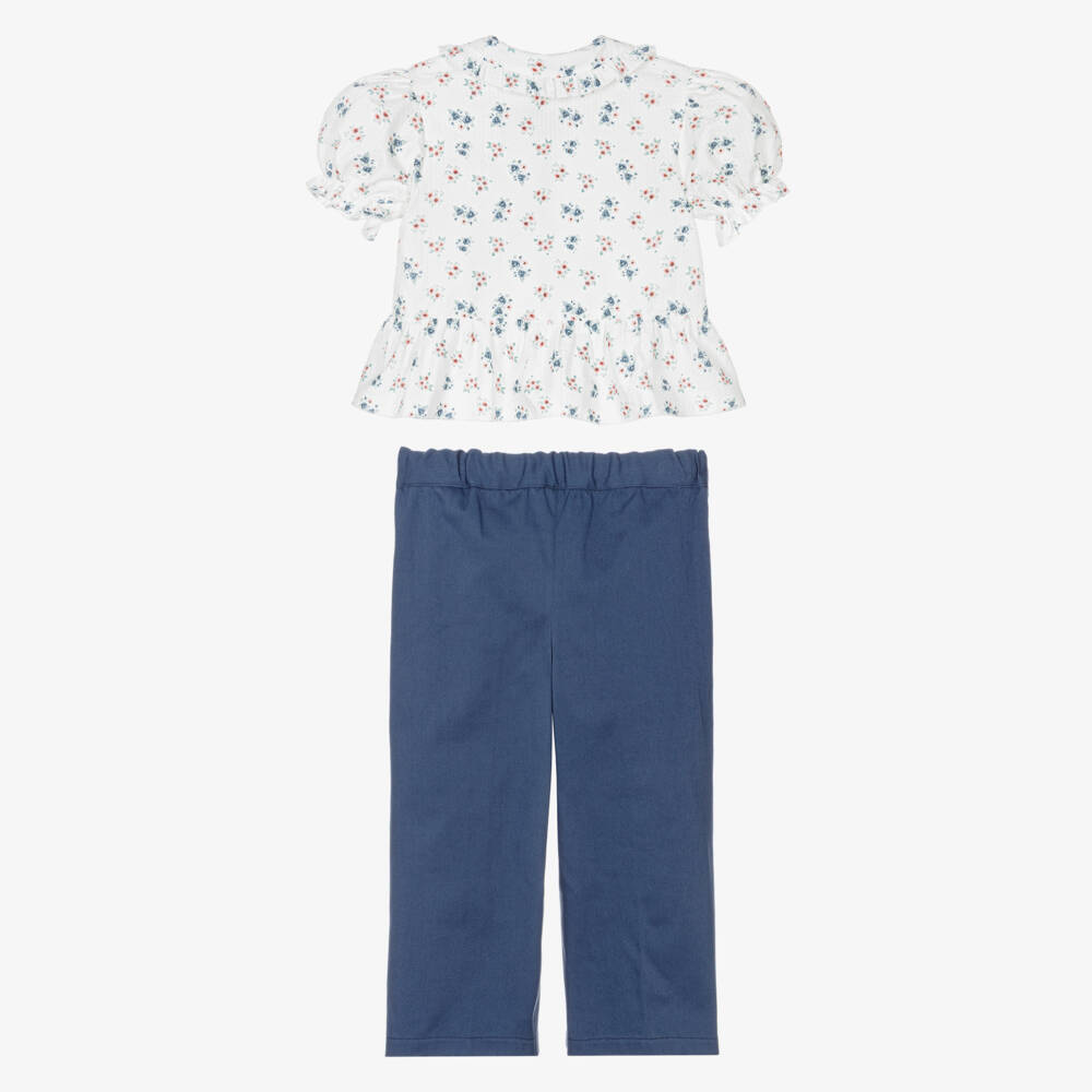 Paloma de la O-Girls Blue & White Cotton Trouser Set with Floral Blouse | Childrensalon
