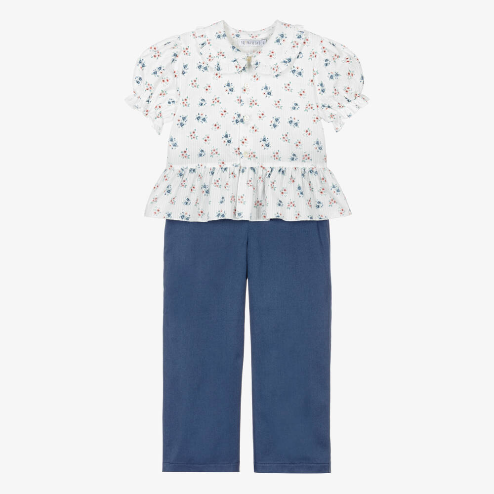 Paloma de la O-Girls Blue & White Cotton Trouser Set with Floral Blouse | Childrensalon