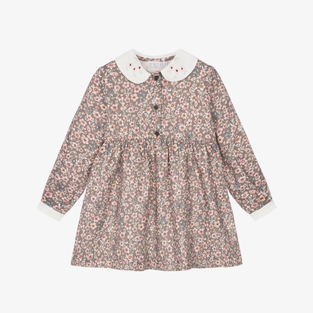 Paloma de la O-Girls Brown & Pink Floral Cotton Dress | Childrensalon