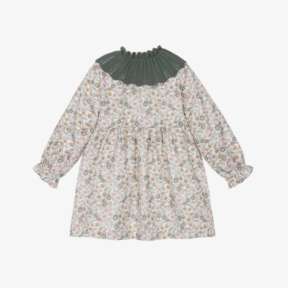 Paloma de la O-Girls Cotton Floral Dress with Green Knitted Collar | Childrensalon