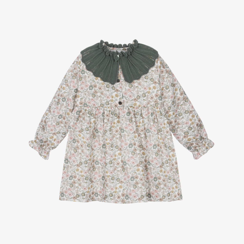Paloma de la O-Girls Cotton Floral Dress with Green Knitted Collar | Childrensalon