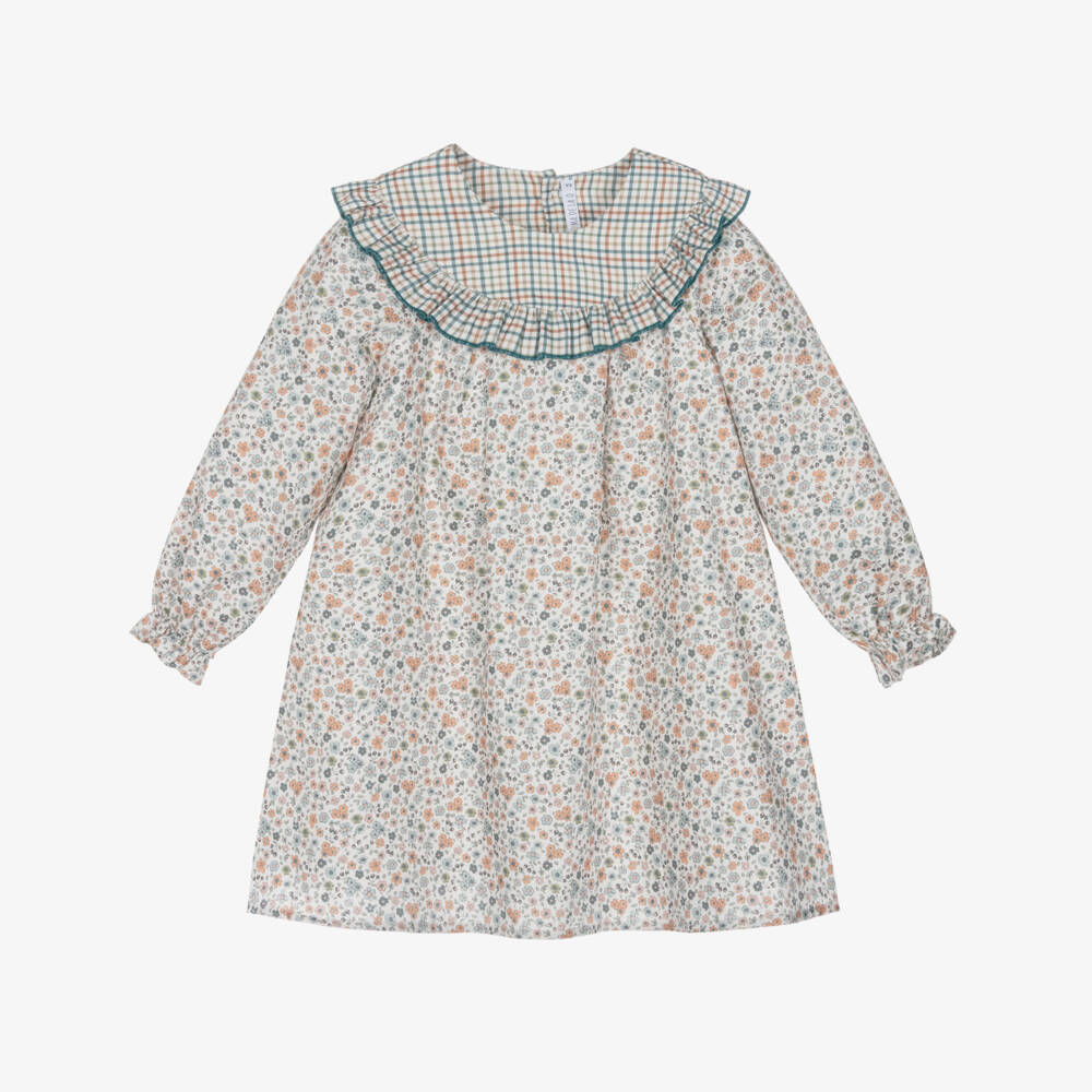 Paloma de la O-Girls Ivory Cotton Dress with Orange & Blue Floral Print | Childrensalon