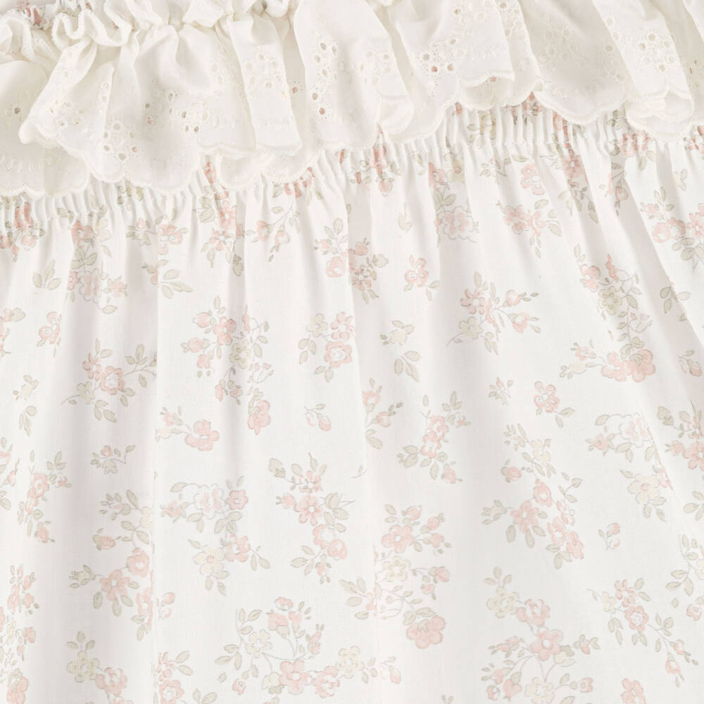 Paloma de la O-Girls Ivory Cotton Dress with Pink Floral Print | Childrensalon