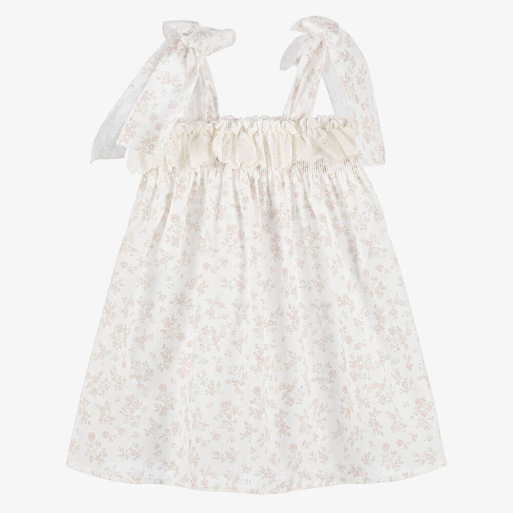 Paloma de la O-Girls Ivory Cotton Dress with Pink Floral Print | Childrensalon